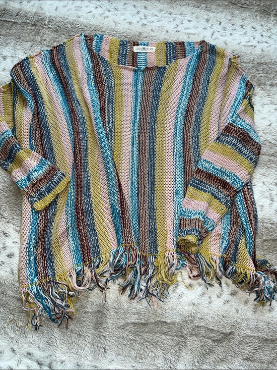 NATURAL LIFE Sweaters - Natural Life Multicolor Striped Fringe Boxy Crewneck Sweater